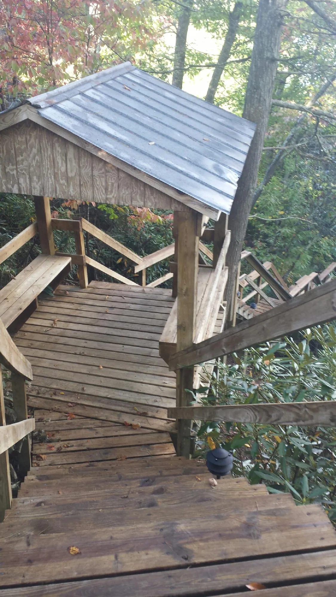 Metal roofed shelter over wooden steps on a wooded walkway — Skylight Repair & Installation work by our crew in Cochrane